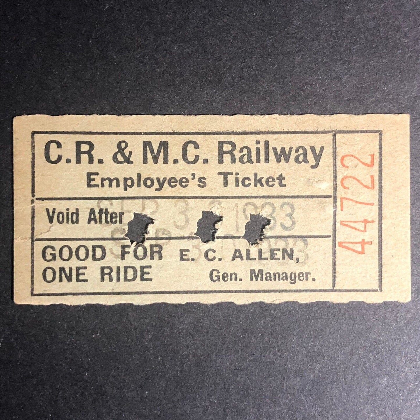 C.R. & M.C. Railway Employee's Ticket G/F One Ride 1933 Scarce