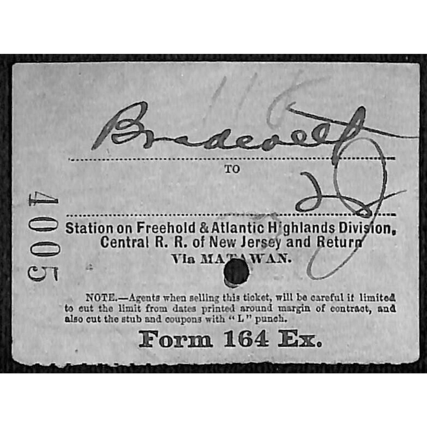 New York & Long Branch Railroad 1901 Write-In Ticket North Asbury Park #4005