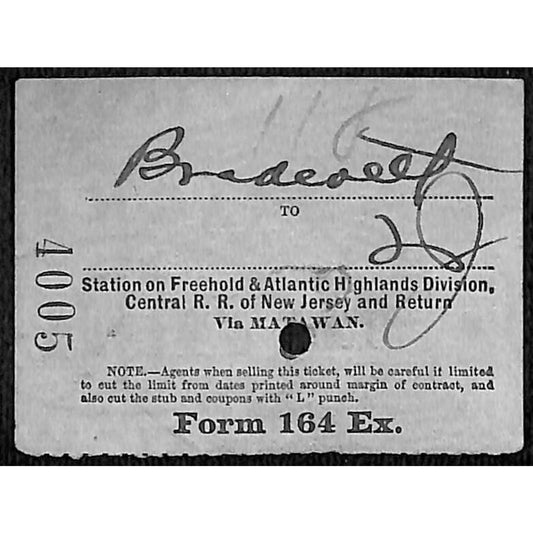 New York & Long Branch Railroad 1901 Write-In Ticket North Asbury Park #4005
