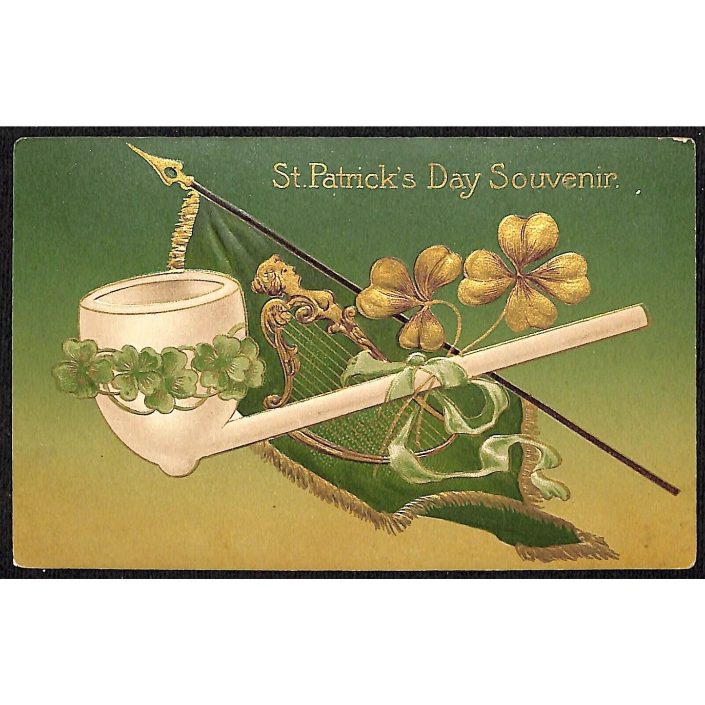 St. Patrick's Day Postcard Clay Pipe Clover Flag Harp Embossed c1909