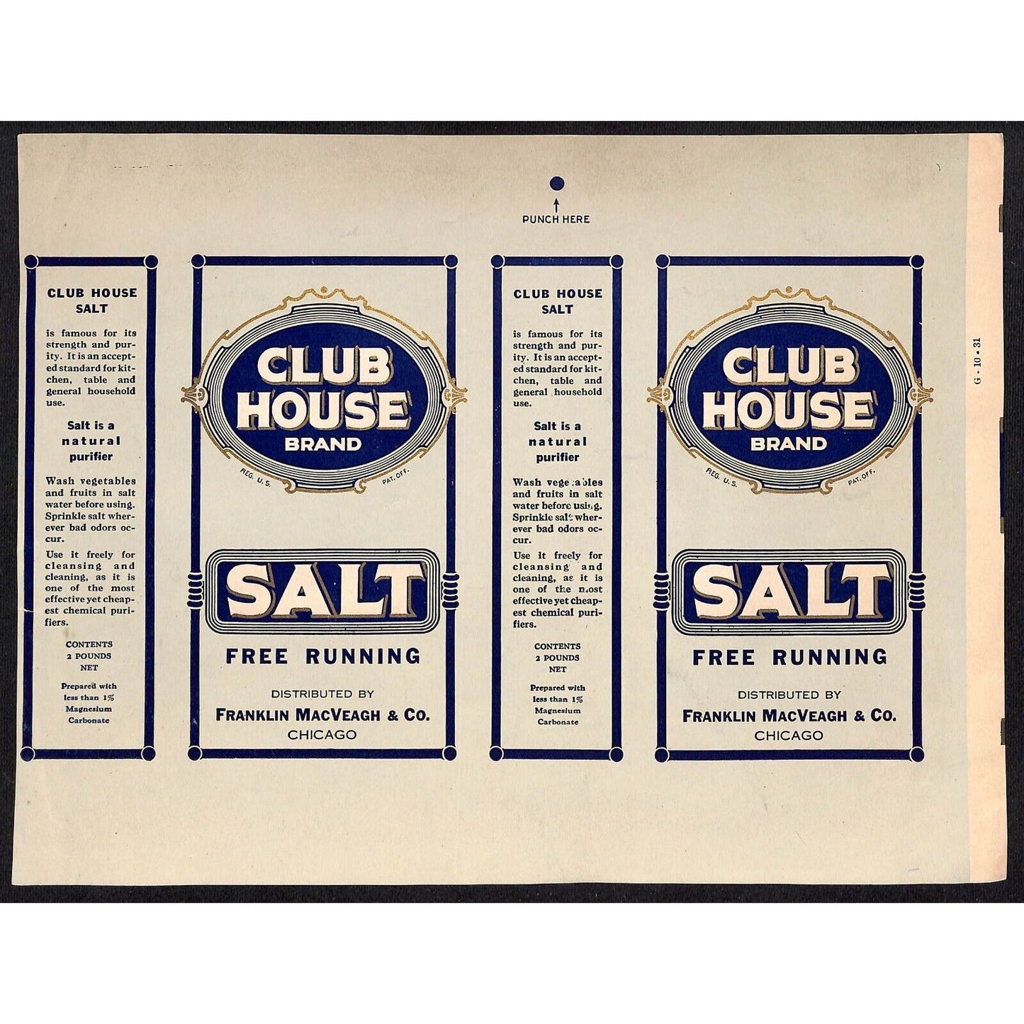 Club House Free Running Salt Paper Label 1931 Franklin Mac Veagh Chicago Scarce