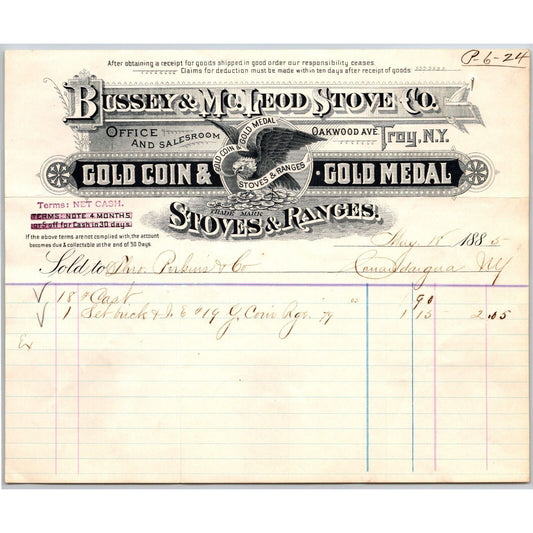 Bussey & McLeod Stove Co. Gold Coin Medal Stoves Ranges 1885 Billhead