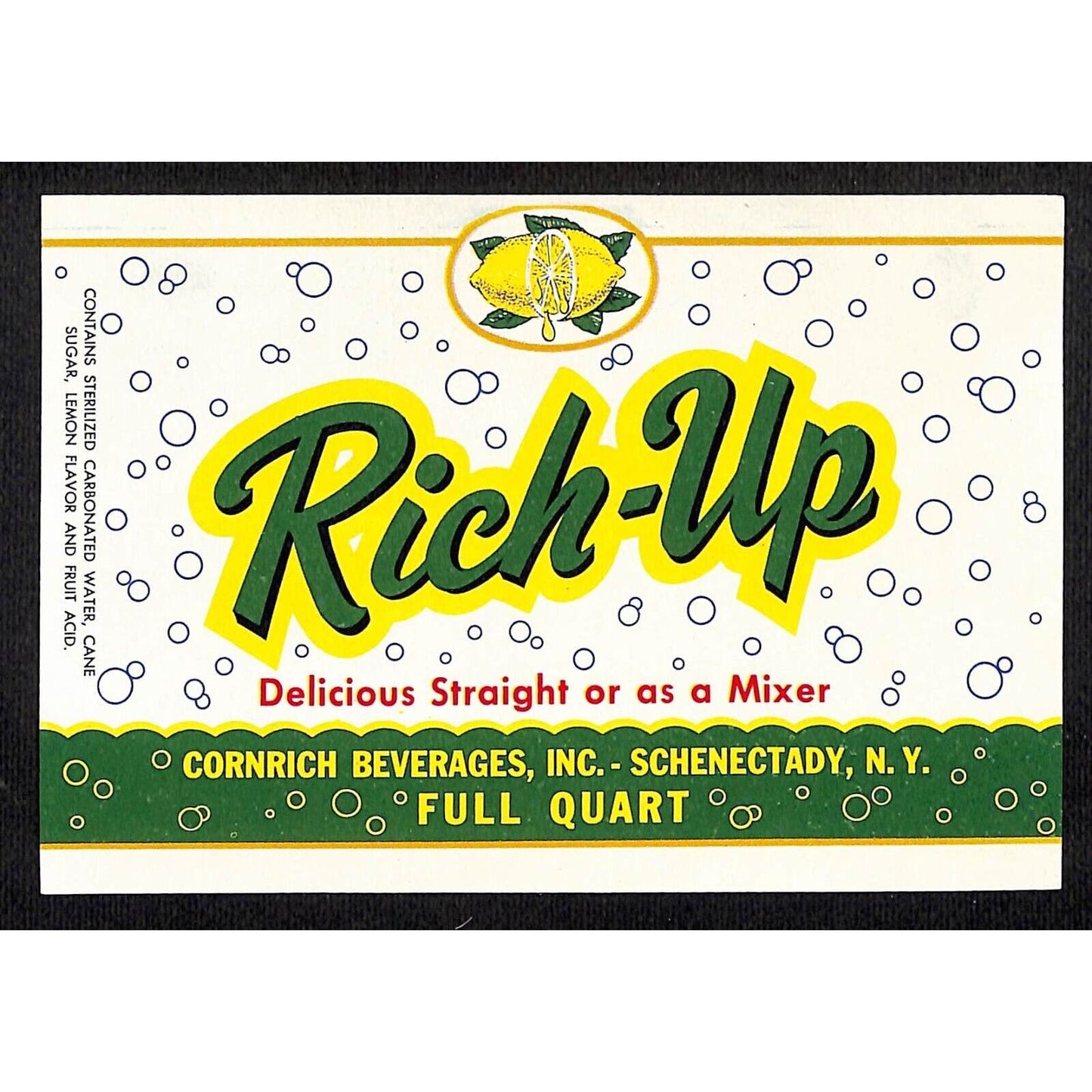 Rich Up Lemon Paper Soda Label Cornrich Beverages Schenectady, NY c1946-50's