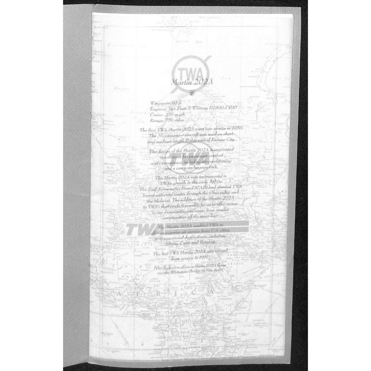 1993 TWA Trans World Airlines Ambassador Collector Series Martin 202A Menu