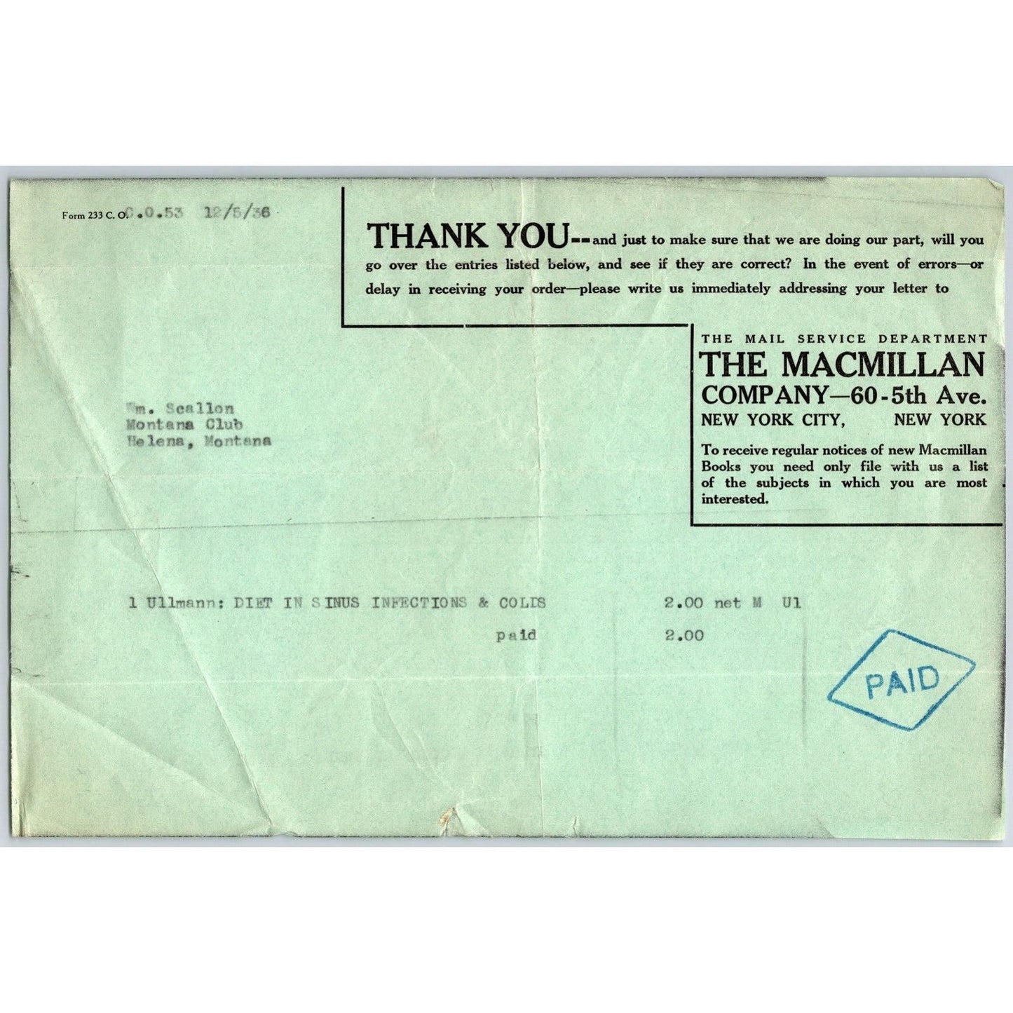 New York City Macmillan Company Books 1936 Receipt / Montana Club Helena