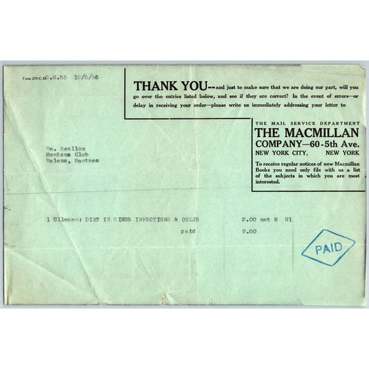 New York City Macmillan Company Books 1936 Receipt / Montana Club Helena