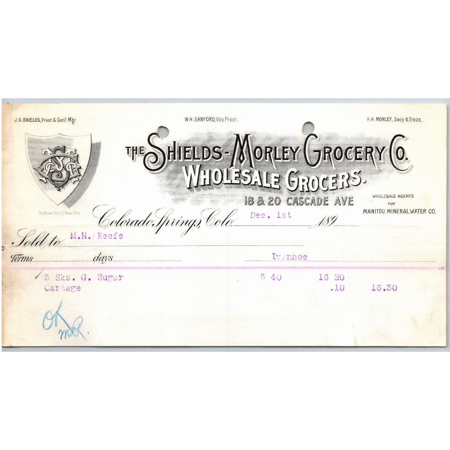 c1895 Shields-Morley Grocery Colorado Springs Letterhead M.H. Keefe "G. Sugar"