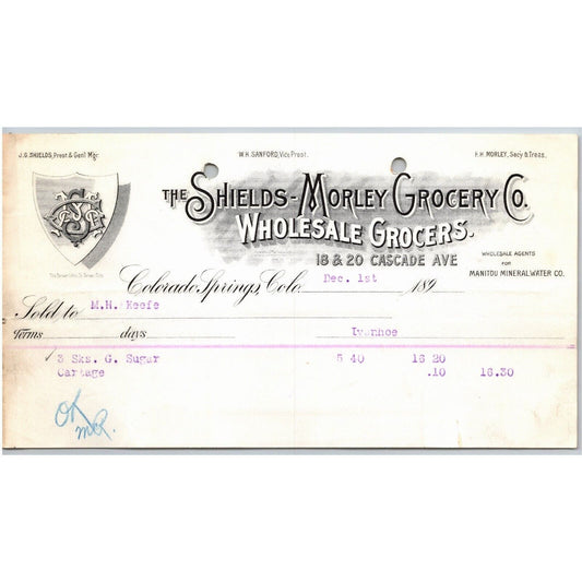 c1895 Shields-Morley Grocery Colorado Springs Letterhead M.H. Keefe "G. Sugar"