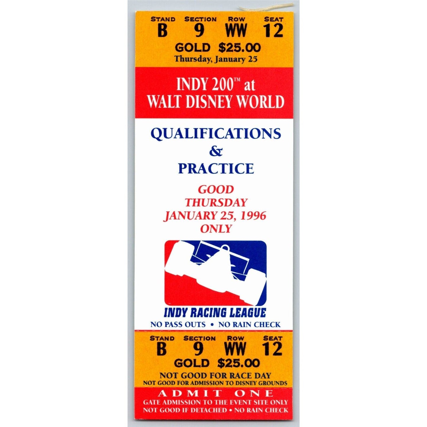 1996 Indy 200 Walt Disney World Thur Qualifications & Practice Unused Ticket #12