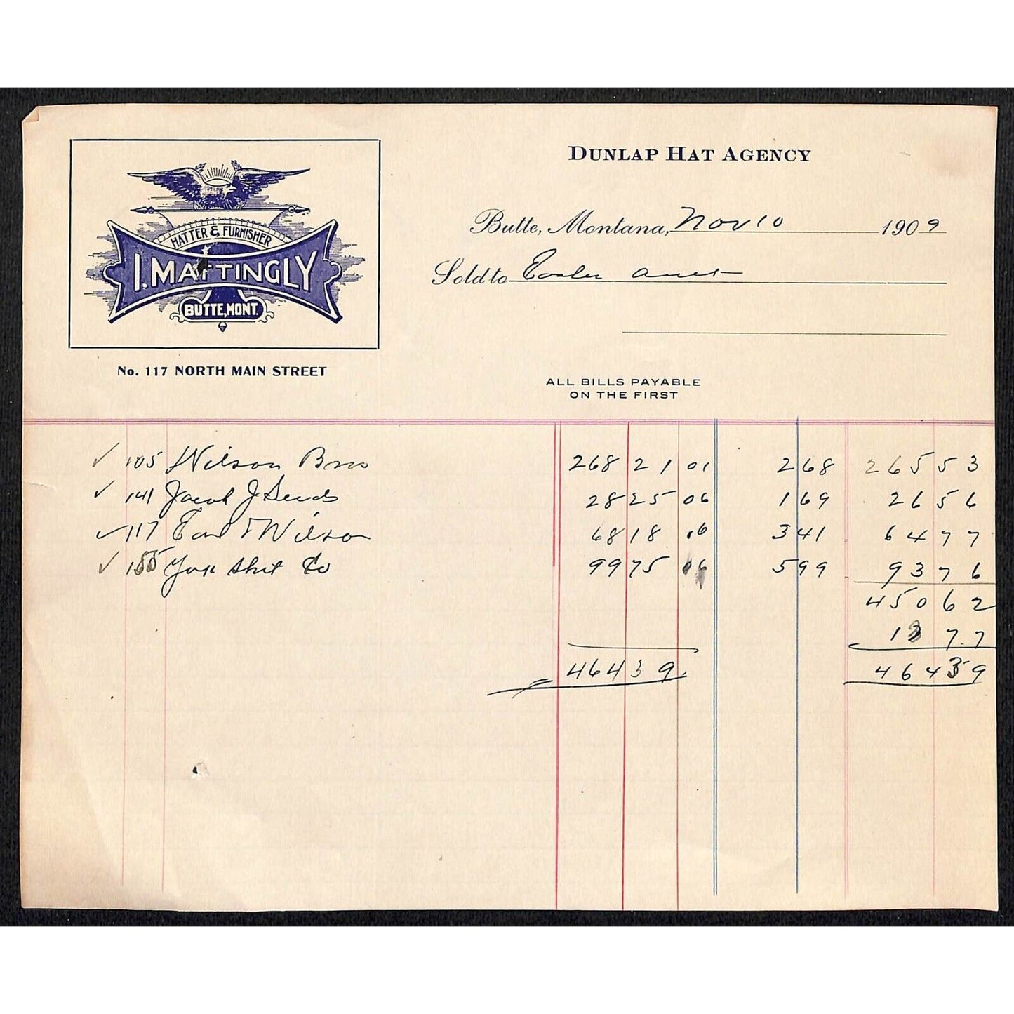 Butte Montana Dunlap Hat Agency I. Mattingly Hatter Furnisher 1909 Billhead