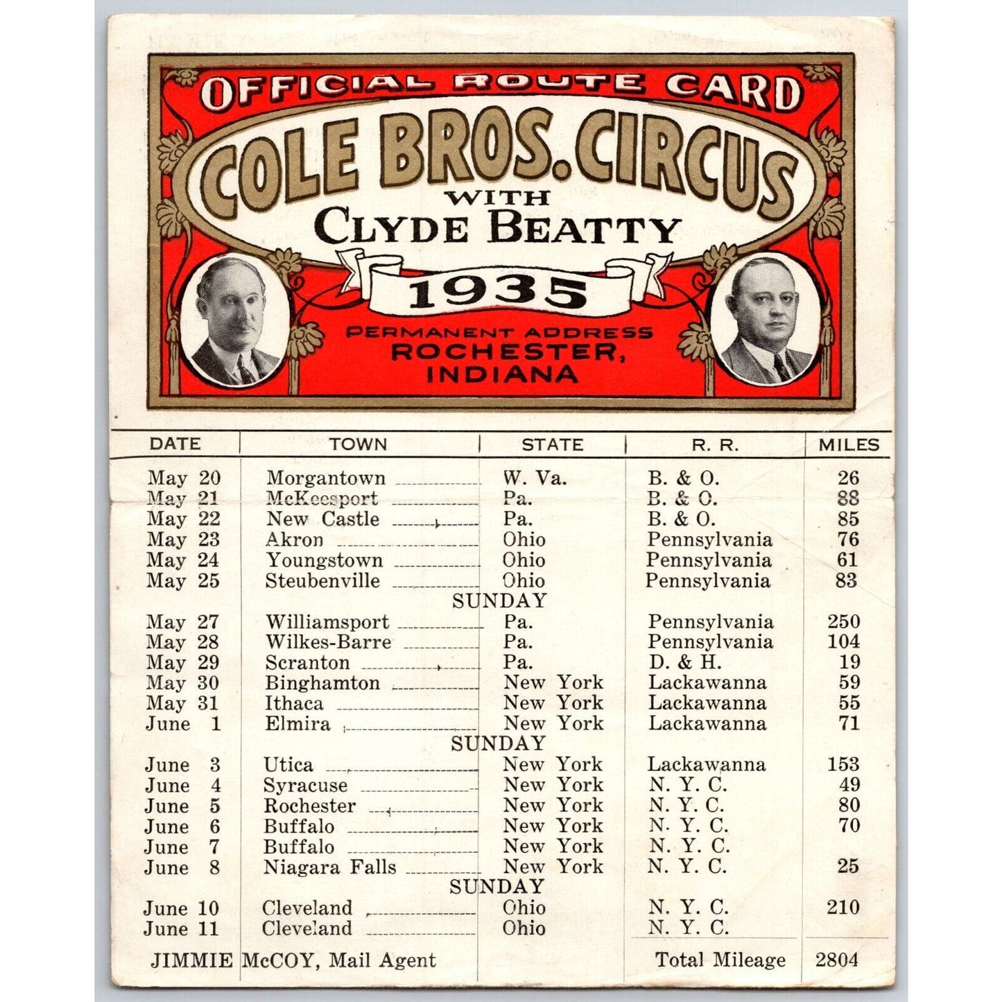 1935 Cole Bros with Clyde Beatty Circus Route Card w/ PA, OH, NYC Stops