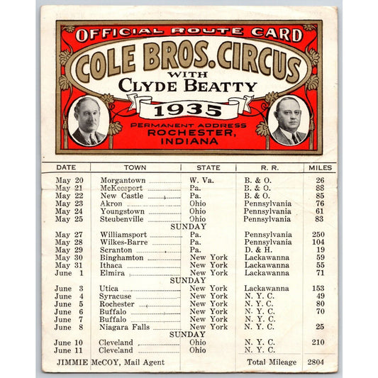 1935 Cole Bros with Clyde Beatty Circus Route Card w/ PA, OH, NYC Stops