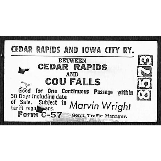 Cedar Rapids and Iowa City Ry 1949 Railroad Ticket to Cou Falls #8573 Scarce