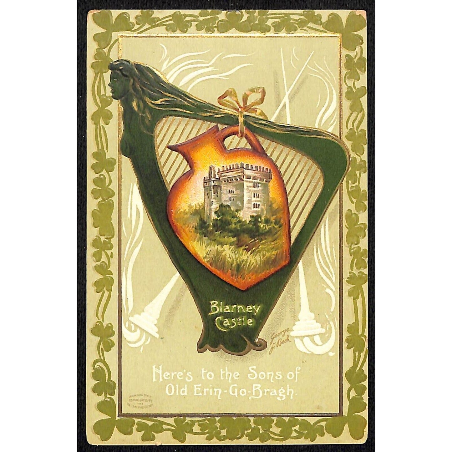St. Patrick's Day Postcard Harp Blarney Castle Erin Go Bragh Embossed PM c1910