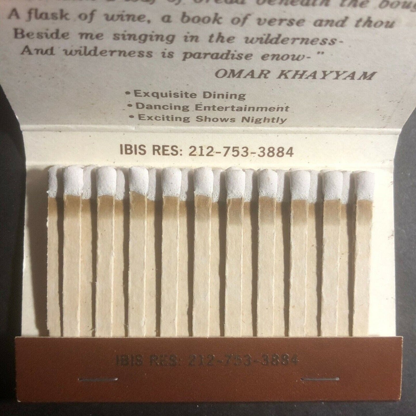 Vintage 1970's Full Matchbook Ibis Restaurant 151 E. 50th St NYC