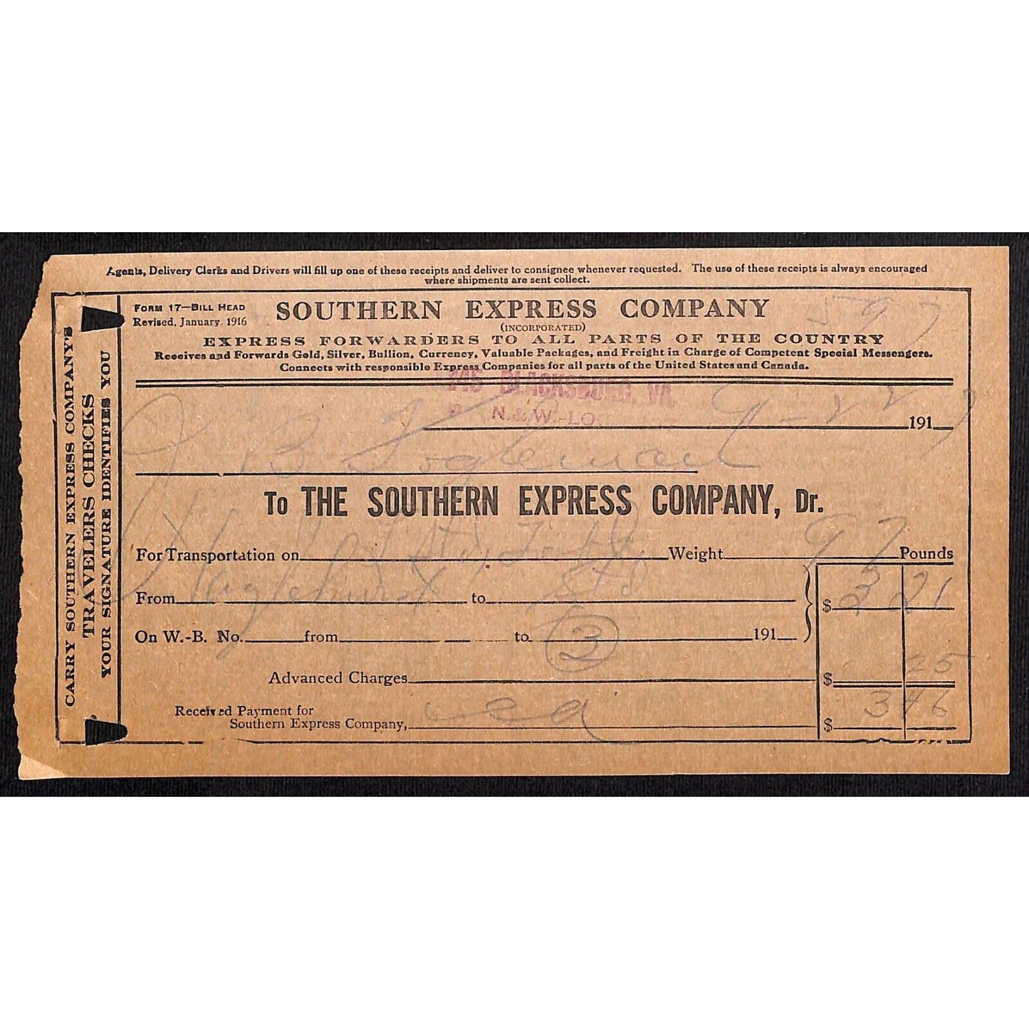 Southern Express Co. 1917 Blacksburg VA Railroad $3.46 "Uniform Express Receipt"