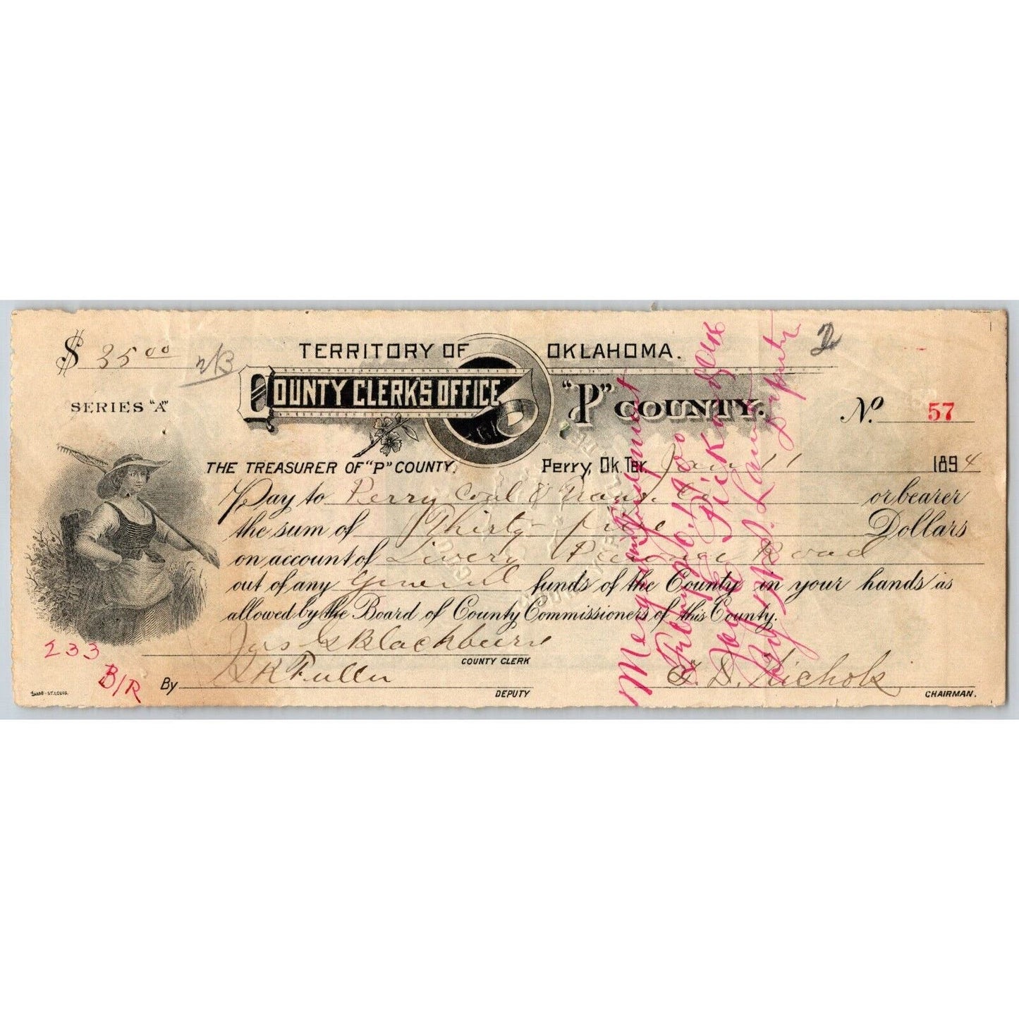 Perry Okla. Territory 1894 Noble County Clerk's Warrant "P" County - for Livery