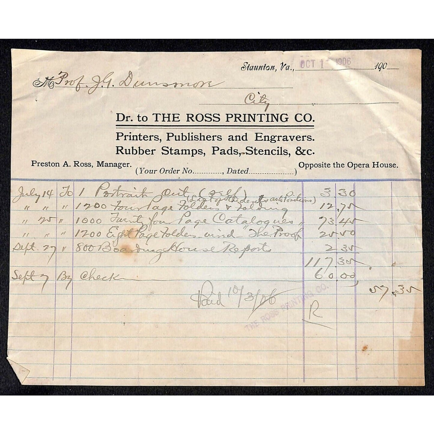 1906 Scarce Ross Printing Co. Letterhead Billhead Staunton, VA