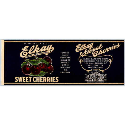 Elkay Sweet Cherries Paper Can Label L. Klein Halsted c1920's Scarce