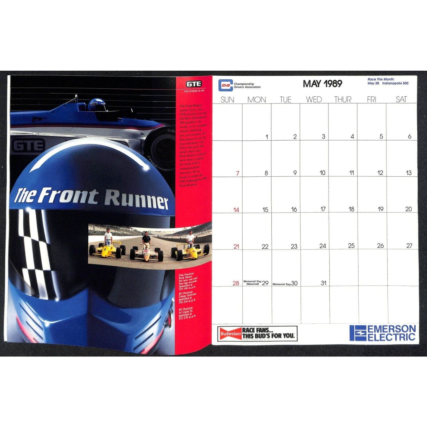 1989 Indy 500 PPG CDA Championship Drivers Assoc. Calendar w/ Danny Sullivan