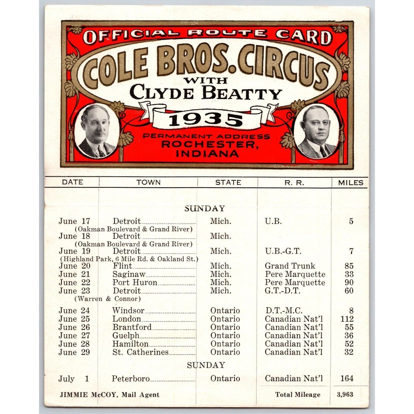 1935 Cole Bros with Clyde Beatty Circus Route Card w/ Michigan & Ontario Stops