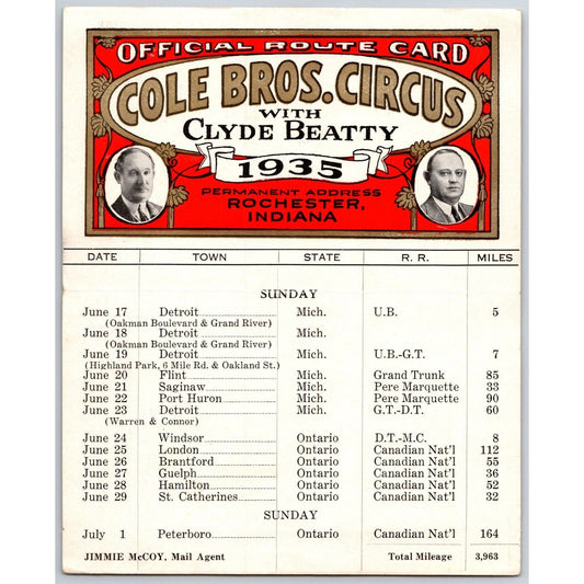 1935 Cole Bros with Clyde Beatty Circus Route Card w/ Michigan & Ontario Stops