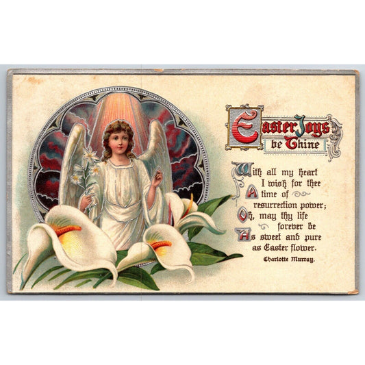 Easter Postcard "Easter Joys be Thine" Angel Lilies Gold Silver Ink EMB. PM 1913