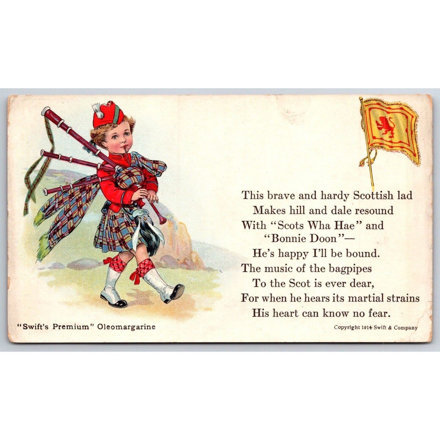 Swift Premium Oleomargarine Scottish Flag Bagpipes Advertising Postcard c1915