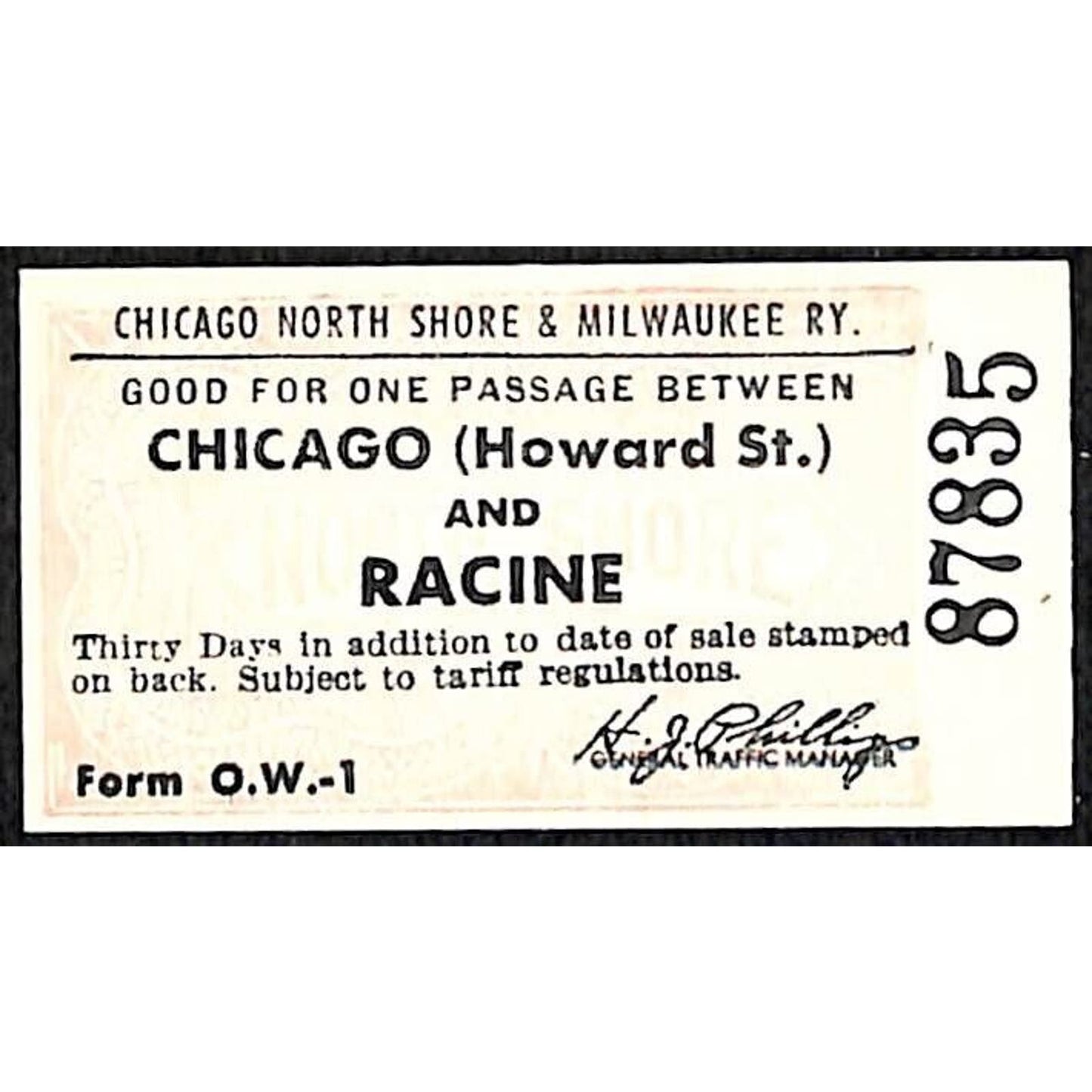 Chicago North Shore & Milwaukee RY c1947-50's Ticket Racine #87835