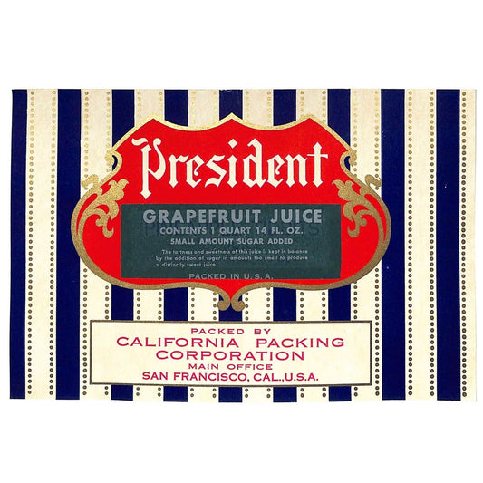 c1950 Paper Can Label President Brand Grapefruit Juice VGC - Scarce