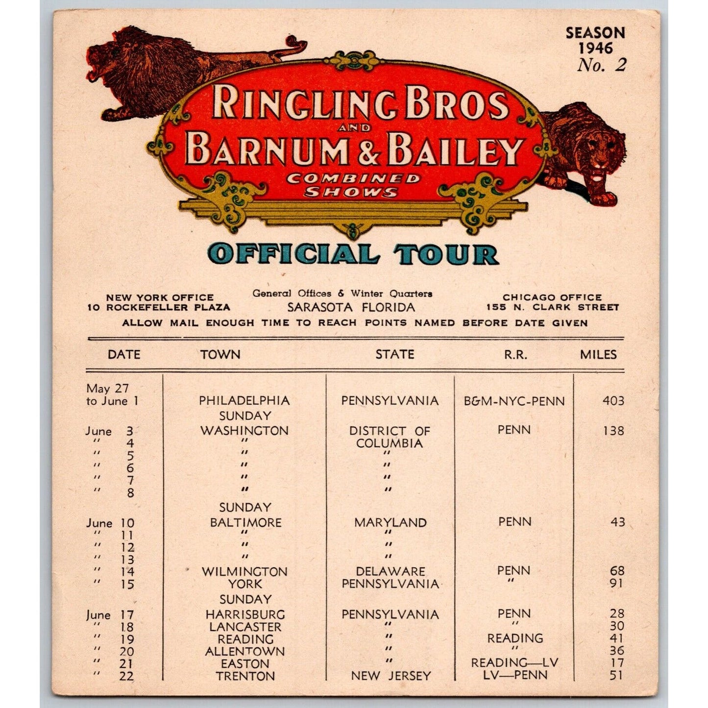 1946 Ringling Bros Barnum Bailey Circus Route Card Washington Baltimore