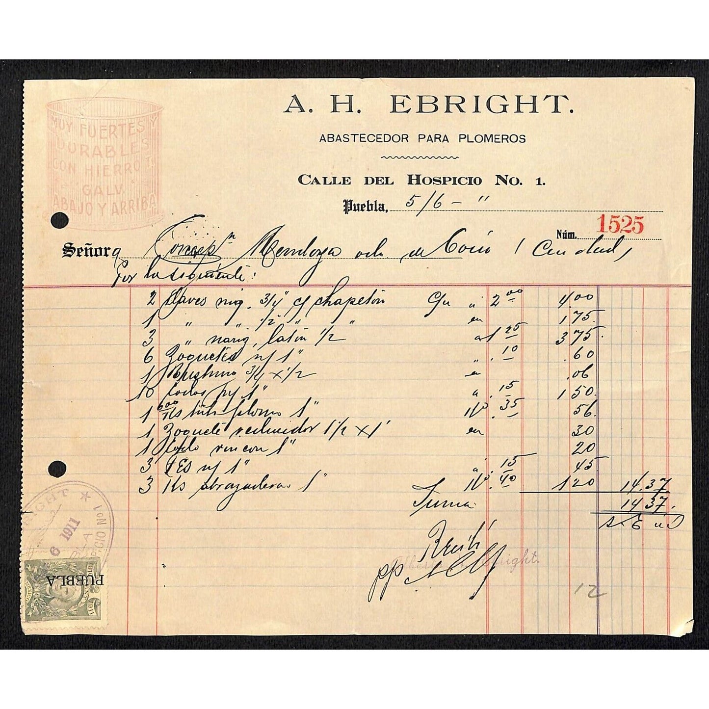 Puebla, Mexico A.H. Ebright "Supply for Plumbers" 1911 Billhead w/ Rev Stamp