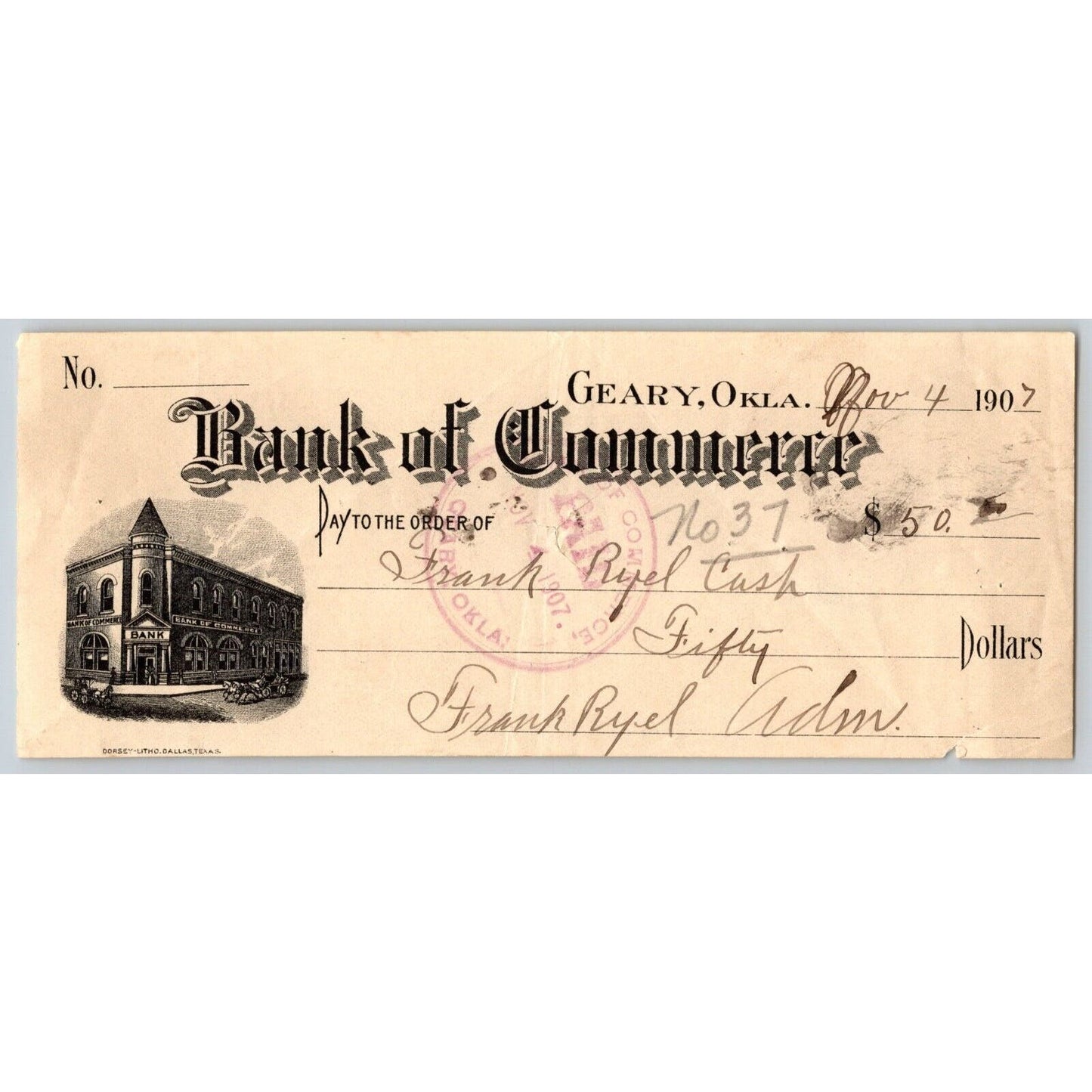 Geary Oklahoma Territorial 1907 $50 Bank Check - Scarce