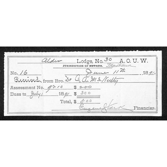 1891 AOUW (Ancient Order of United Workmen) - Dues Receipt Montana