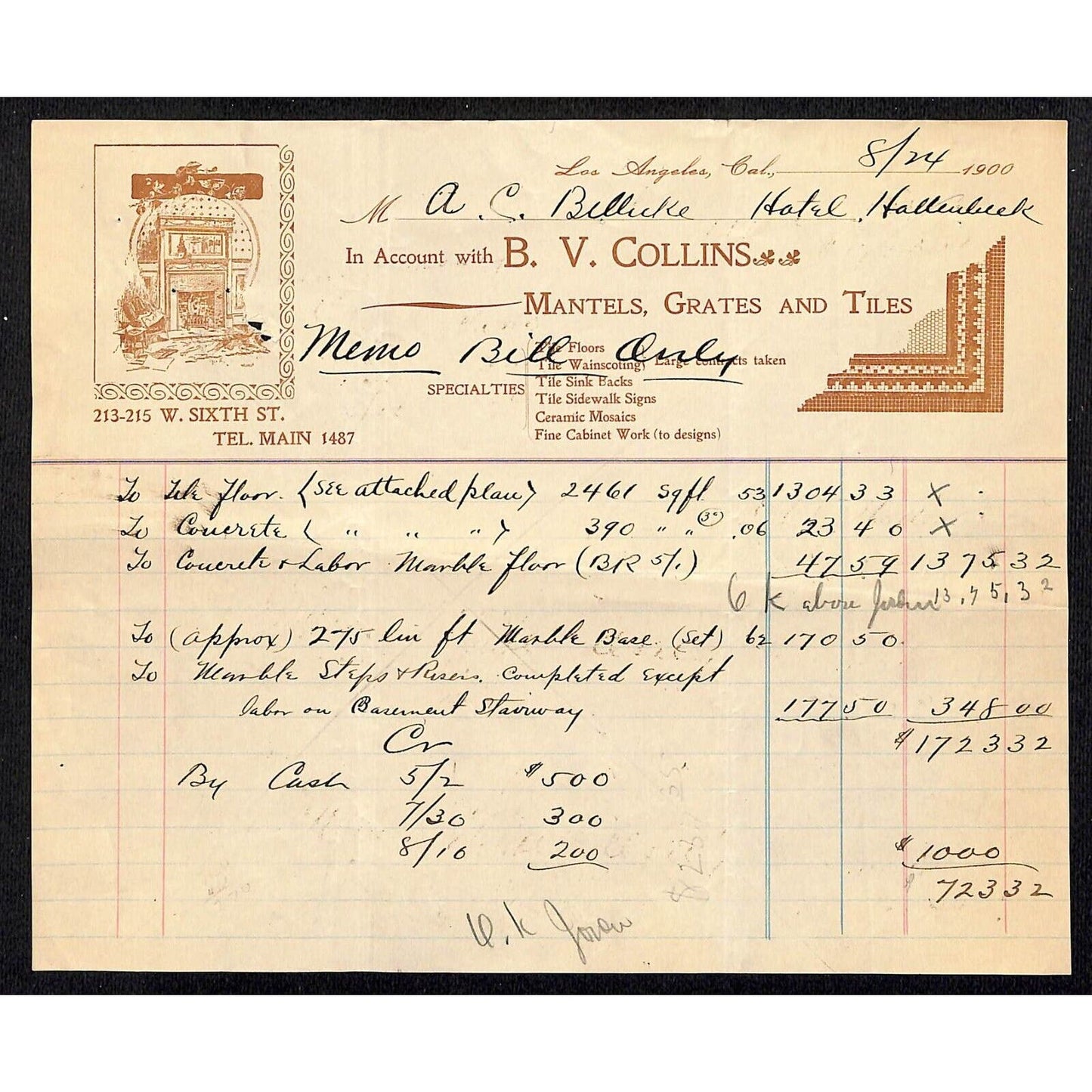 Los Angeles B.V. Collins Mantes Tiles Grates 1900 Billhead Letterhead Scarce