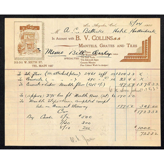 Los Angeles B.V. Collins Mantes Tiles Grates 1900 Billhead Letterhead Scarce