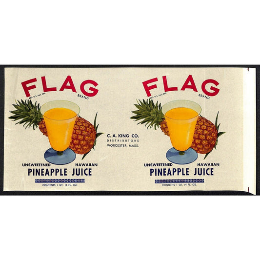 c1949 Paper Can Label Flag Brand Juice C.A. King Worcester, MASS - Scarce