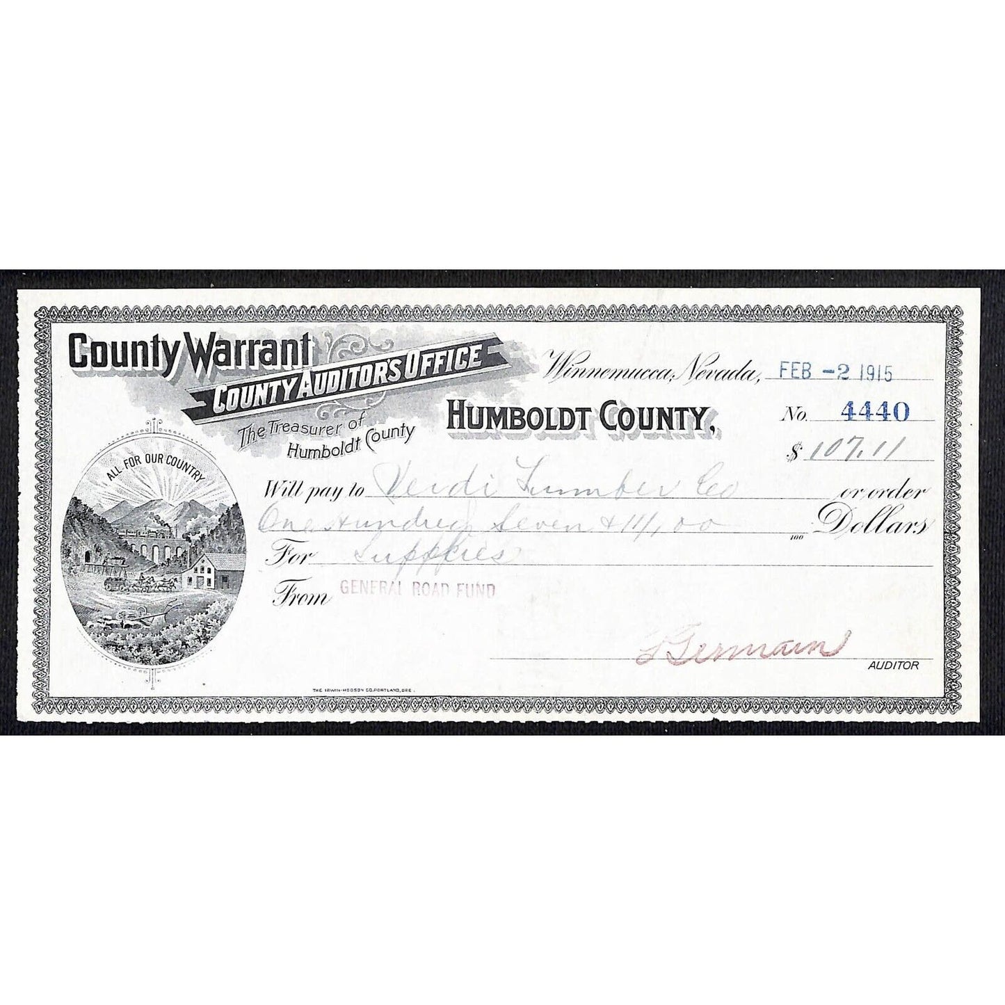 Winnemucca, NV Humboldt County Warrant Auditor's Office Bank Check 1915 Scarce