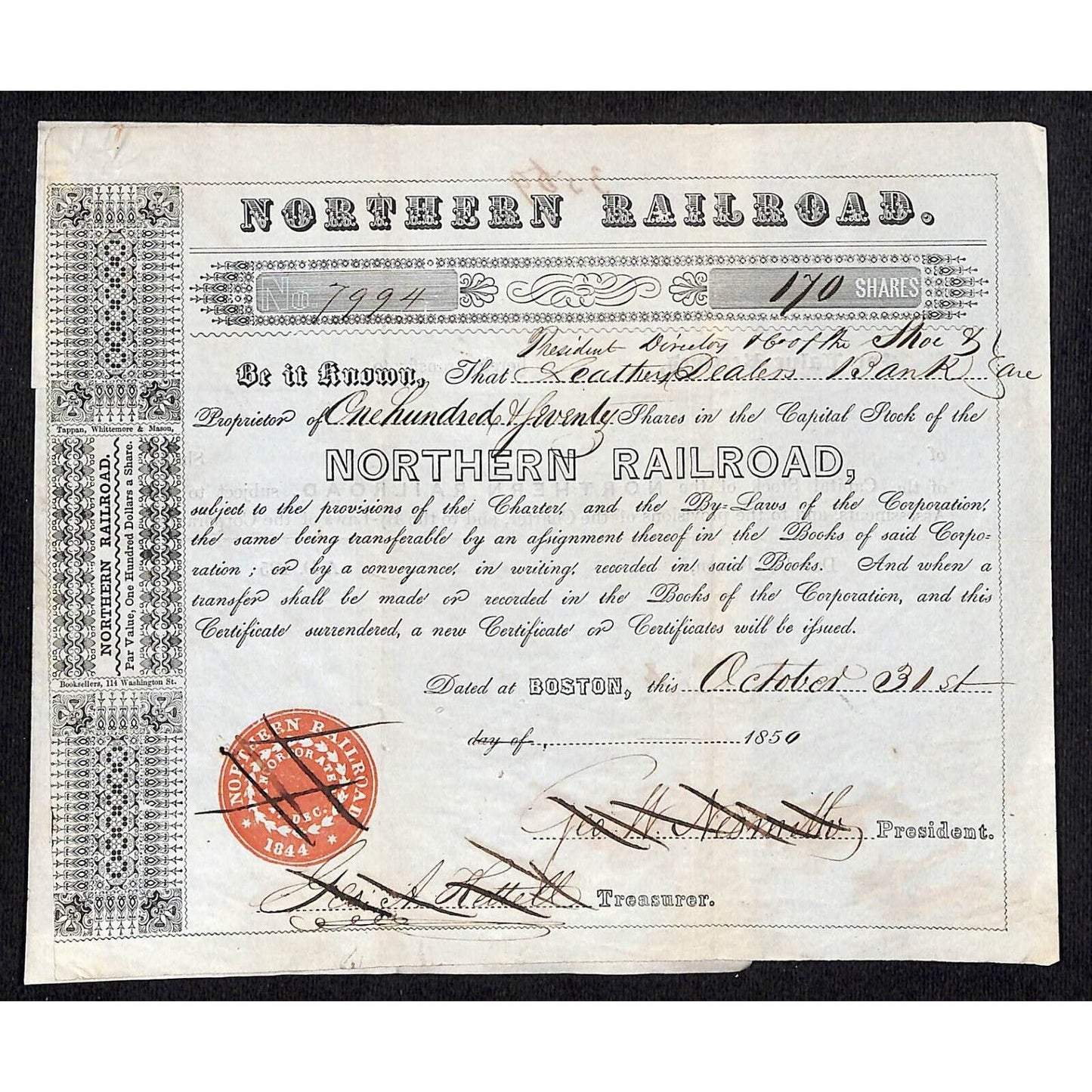 1850 Northern Railroad Stock Certificate & Affixed 1850 Power of Attorney Letter