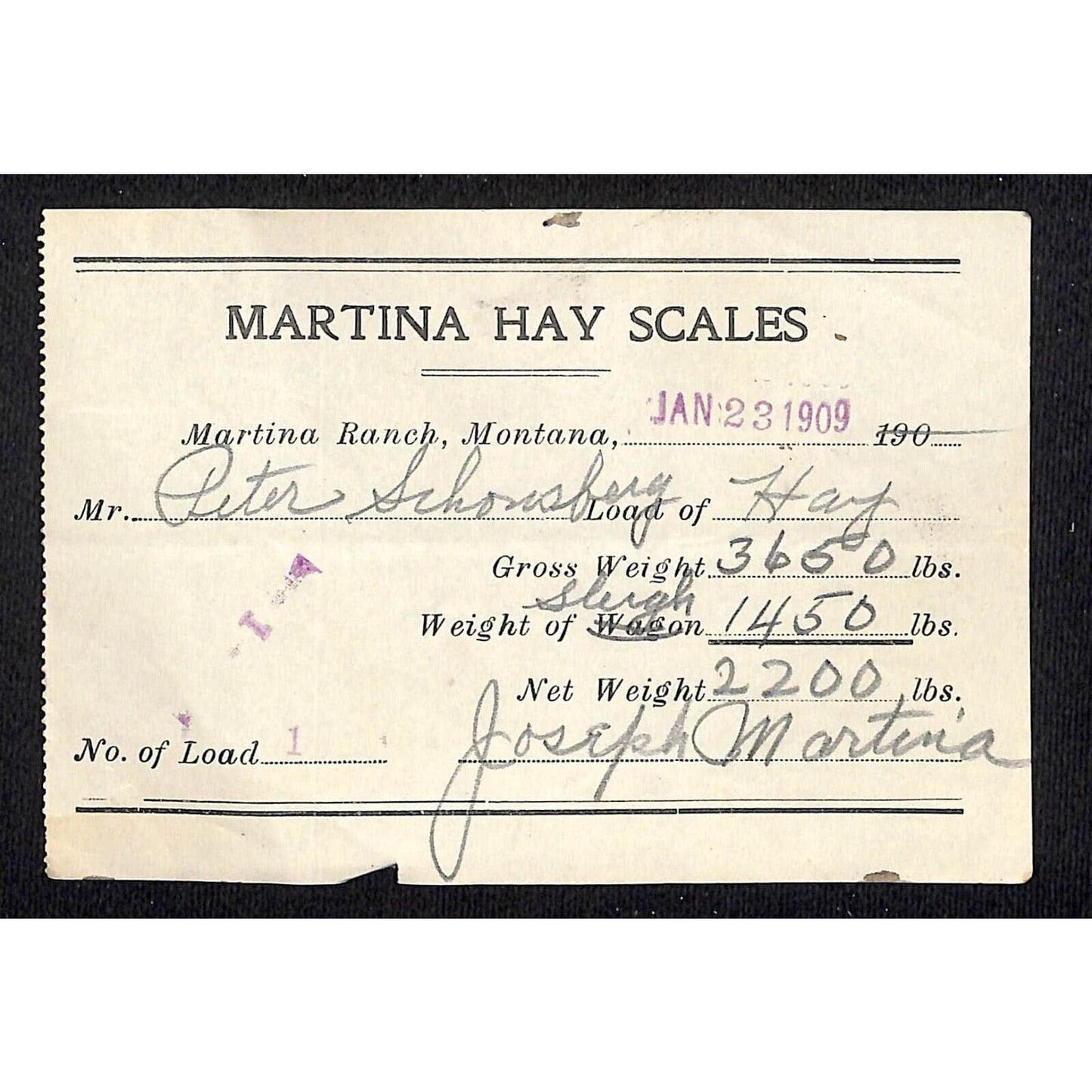 Martina Ranch Montana 1909 Martina Hay Scales 2,200 lbs. Receipt / Billhead