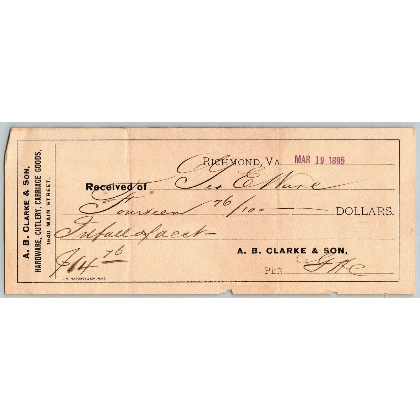 A.B. Clarke & Son Hardware Cutlery Carriage Receipt Letterhead Richmond, VA 1895