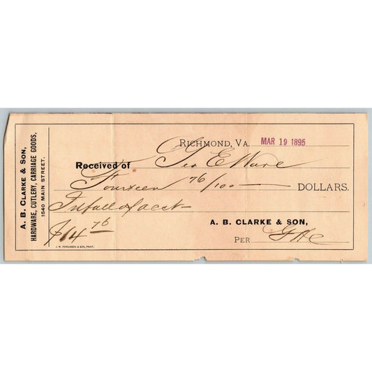 A.B. Clarke & Son Hardware Cutlery Carriage Receipt Letterhead Richmond, VA 1895