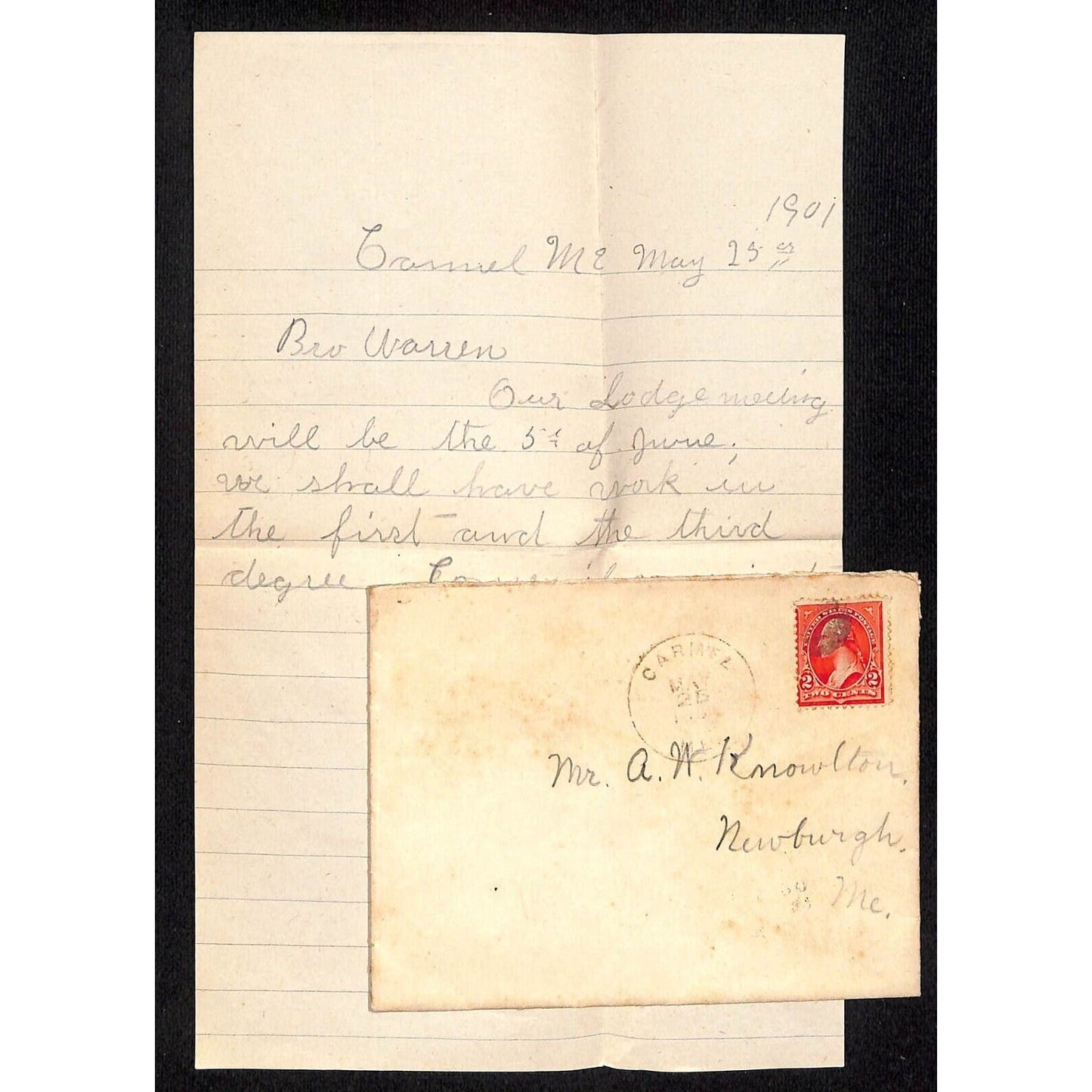 Newburgh, ME Amos W. Knowlton* 1901 ALS - "Brother Amos" re: Lodge Meeting