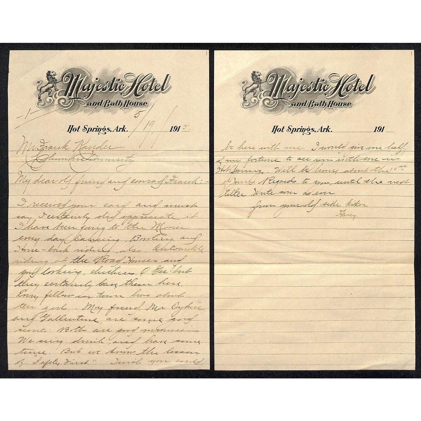 Hot Springs, AR Majestic Hotel and Bath House 1905 ALS 2pp Letter on Stationary