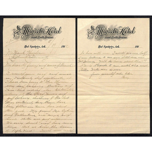 Hot Springs, AR Majestic Hotel and Bath House 1905 ALS 2pp Letter on Stationary