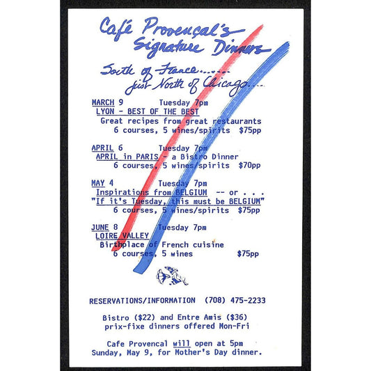 c1977-80's Cafe Provencal Restaurant Post Card Dinner Menu Mailer Evanston, IL