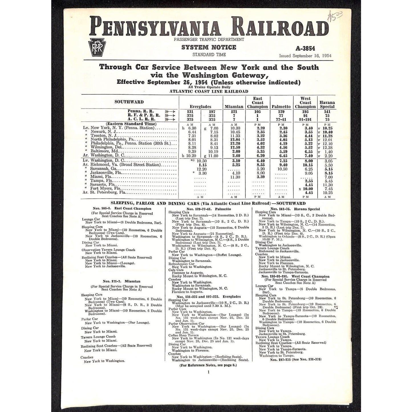 1954 Pennsylvania Railroad Passenger Traffic Department System Notice 8pp Scarce