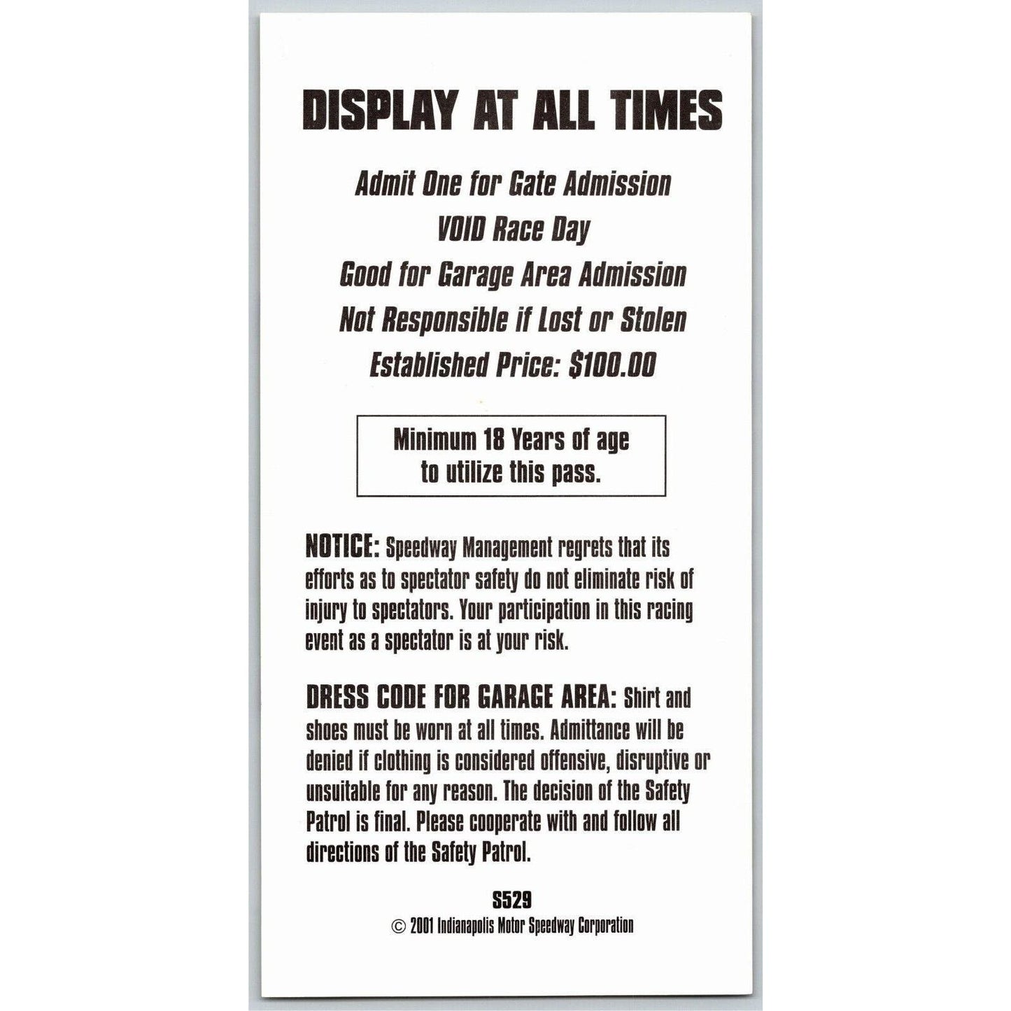 2001 Indy 500 Gasoline Alley Pass Indianapolis Motor Speedway IMS VGC #3843
