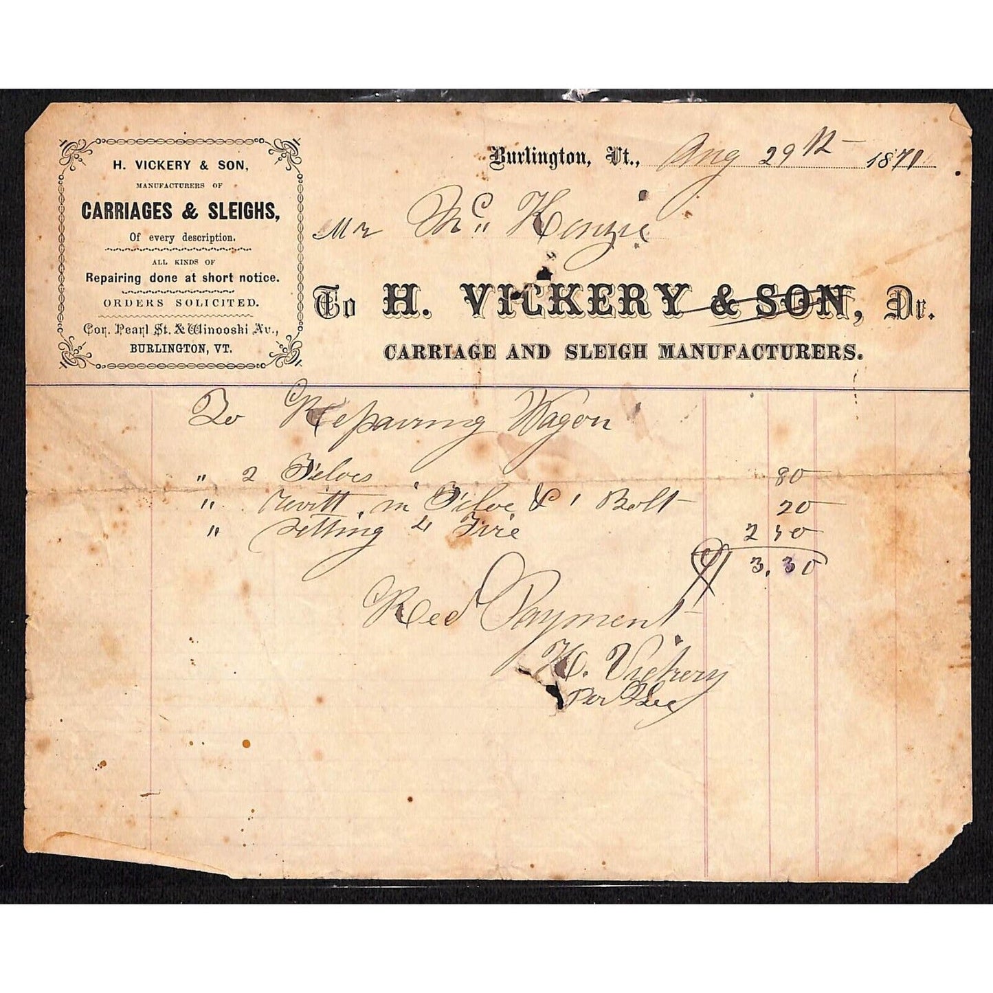 Burlington, VT 1871 H. Vickery & Son Carriage Sleigh Billhead - Signed Scarce