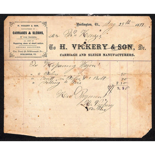 Burlington, VT 1871 H. Vickery & Son Carriage Sleigh Billhead - Signed Scarce
